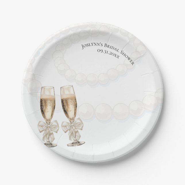 Plato De Papel Elegant White Pearls & Prosecco Bridal Shower  (Anverso)