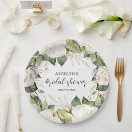 Plato De Papel Elegant White Roses Bridal Shower Square