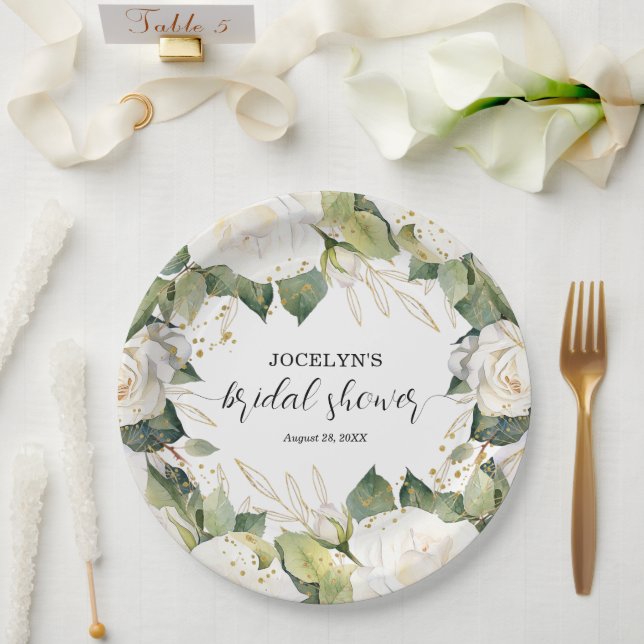 Plato De Papel Elegant White Roses Bridal Shower Square (Boda)
