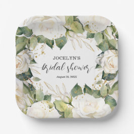 Plato De Papel Elegant White Roses Bridal Shower Square