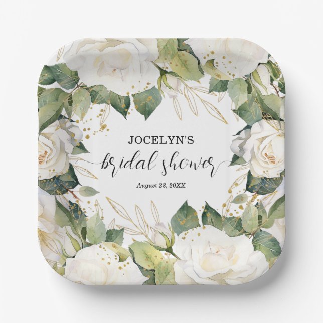 Plato De Papel Elegant White Roses Bridal Shower Square (Anverso)