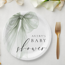 Plato De Papel Elegant White Sage Green Bow Baby Shower