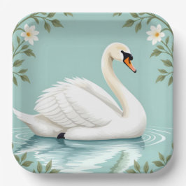 Plato De Papel Elegant white swan floral blue