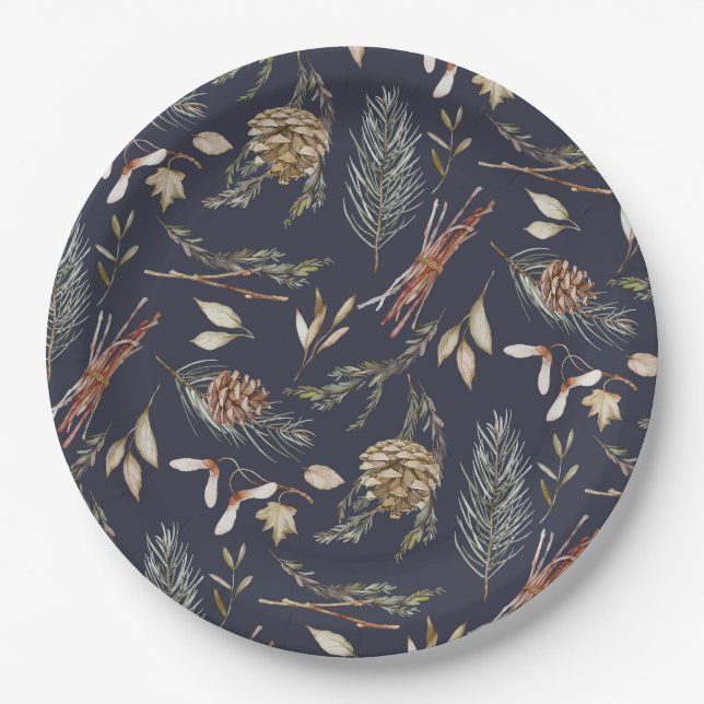 Plato De Papel Elegant Winter Paper Plates with Pinecones (Anverso)