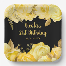 Plato De Papel Elegant Yellow and Gold Flowers Birthday Party