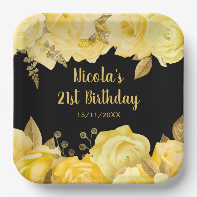Plato De Papel Elegant Yellow and Gold Flowers Birthday Party (Anverso)