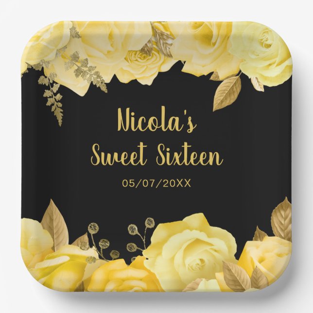 Plato De Papel Elegant Yellow and Gold Flowers Sweet Sixteen (Anverso)