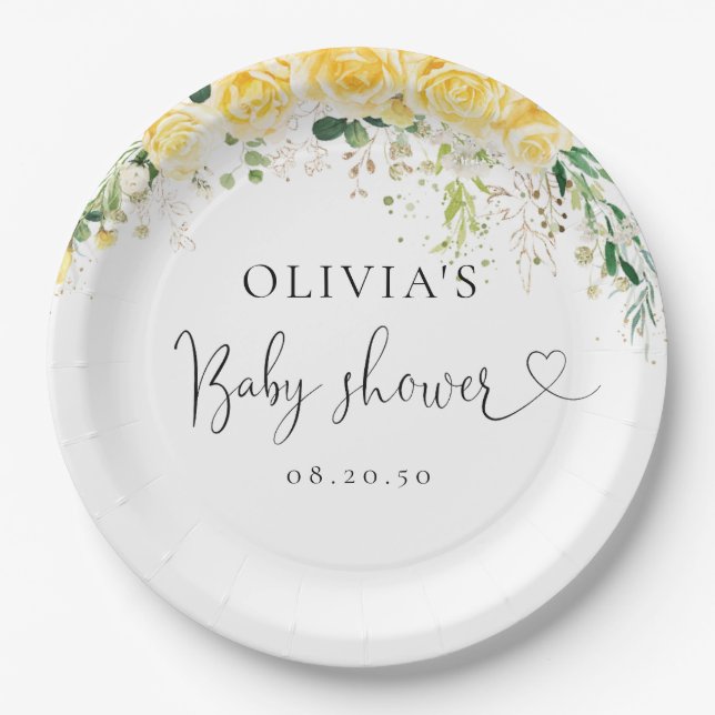 Plato De Papel Elegant Yellow Baby Shower Paper Plate (Anverso)