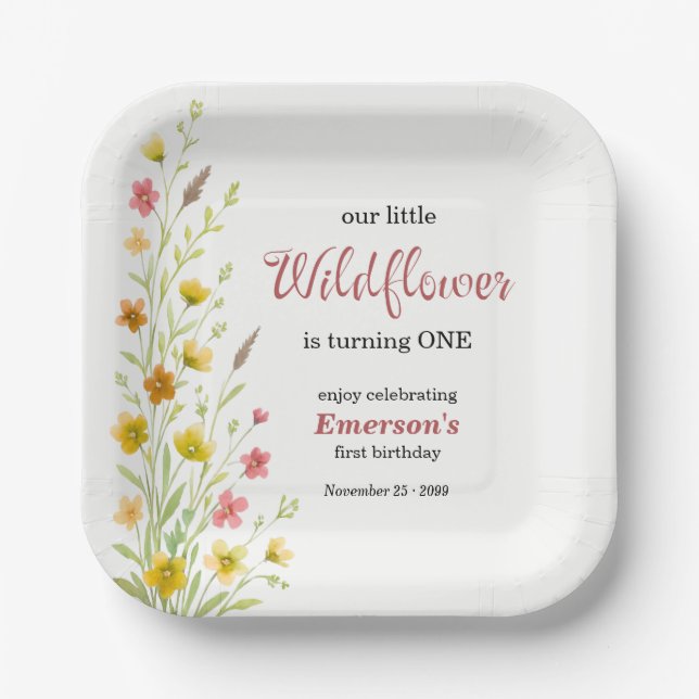Plato De Papel Elegant Yellow Wildflower 1st Birthday Party (Anverso)