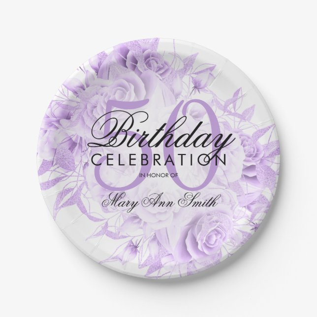 Plato De Papel Elegante 50 aniversario fiesta Floral Morado Blanc (Anverso)