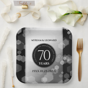 Plato De Papel Elegante 70° Aniversario del Boda Platino