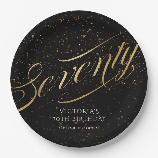 Plato De Papel Elegante 770 cumpleaños Confetti negro de oro (Anverso)