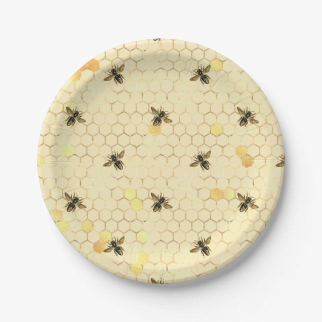 Plato De Papel Elegante abejas amarillas doradas Honeycomb (Anverso)