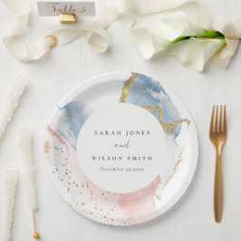 Plato De Papel Elegante Abstract Watercolor Dorado Boda Azul Rosa