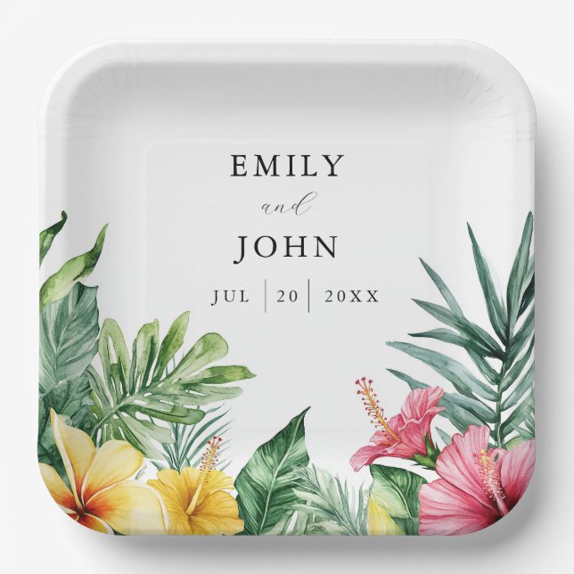 Plato De Papel Elegante acuarela Boda de flores tropicales (Anverso)