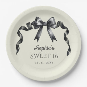 Plato De Papel Elegante acuarela Coquette Black Bow Sweet 16