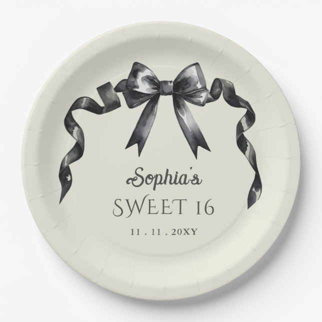 Plato De Papel Elegante acuarela Coquette Black Bow Sweet 16 (Anverso)