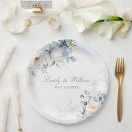 Plato De Papel Elegante acuarela Dusty Blue Floral Boda