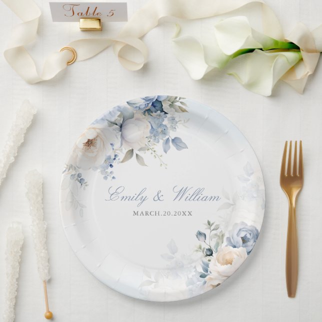 Plato De Papel Elegante acuarela Dusty Blue Floral Boda (Boda)