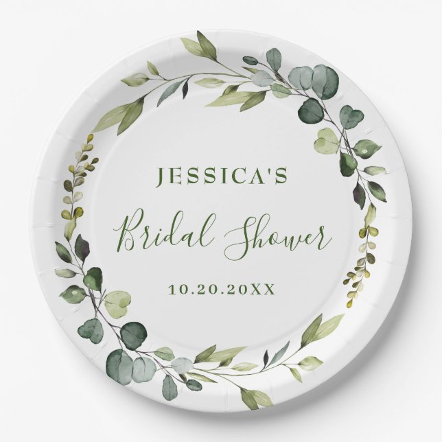 Plato De Papel Elegante acuarela Eucalyptus Bridal Shower (Anverso)