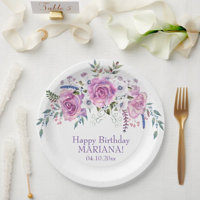 Plato De Papel Elegante acuarela Fiesta de cumpleaños Morado Flor (Boda)