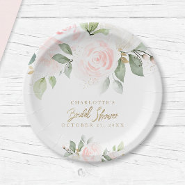 Plato De Papel Elegante acuarela floral dorada ducha de novia