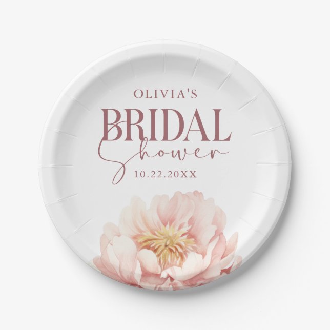 Plato De Papel Elegante acuarela floral Peony Bridal Shower (Anverso)