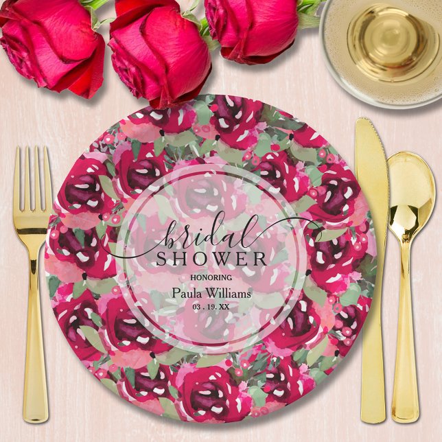 Plato De Papel Elegante acuarela Floral rosa ducha de novia (Chic pink watercolor floral bridal shower personalized paper plates)