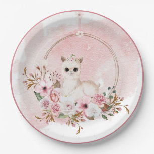 Plato De Papel Elegante acuarela floral rosa Llama Baby Shower P