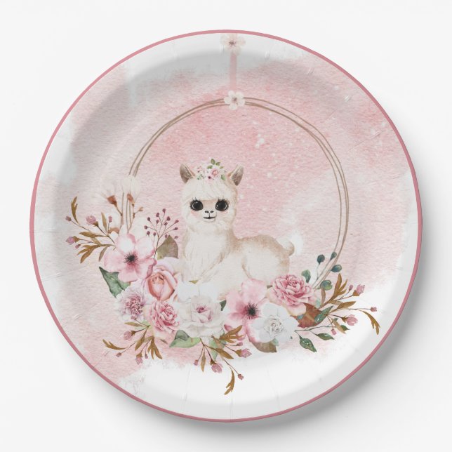 Plato De Papel Elegante acuarela floral rosa Llama Baby Shower P (Anverso)