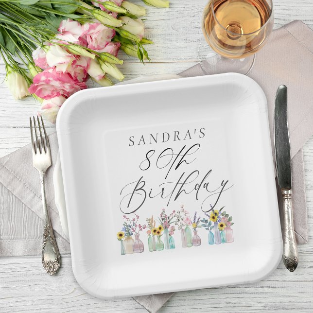 Plato De Papel Elegante acuarela Florals 80º cumpleaños (Subido por el creador)