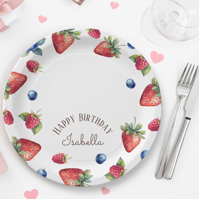 Plato De Papel Elegante acuarela Fresa Berry Feliz Cumpleaños (Subido por el creador)
