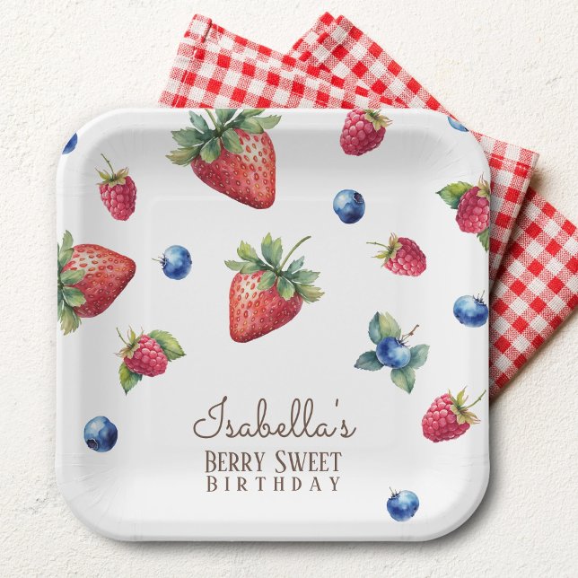 Plato De Papel Elegante acuarela Niña Berry Primer cumpleaños (Subido por el creador)