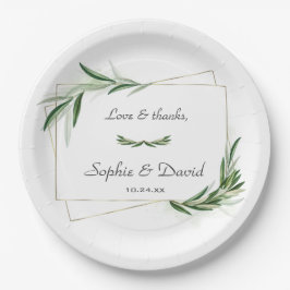 Plato De Papel Elegante acuarela Olive Greenery Gold Boda