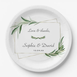 Plato De Papel Elegante acuarela Olive Greenery Gold Boda
