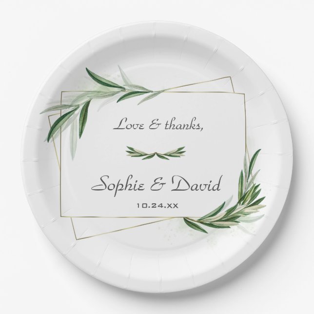 Plato De Papel Elegante acuarela Olive Greenery Gold Boda (Anverso)