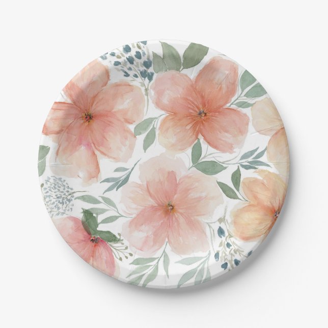 Plato De Papel Elegante acuarela Peach Floral (Anverso)