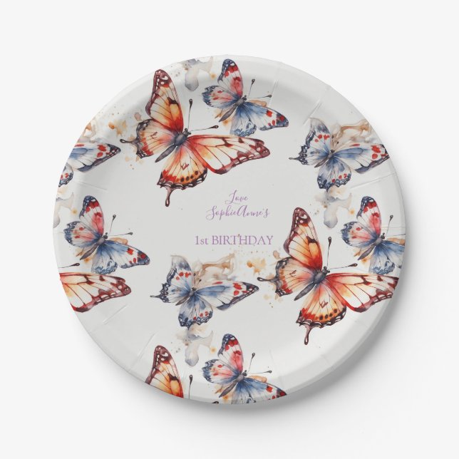 Plato De Papel Elegante acuarela Personalizado de mariposas lúdic (Anverso)