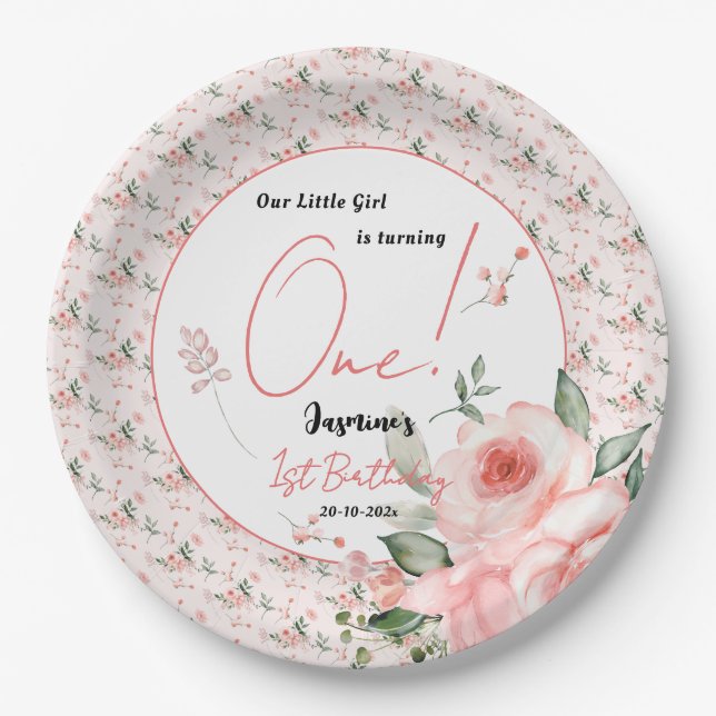 Plato De Papel Elegante acuarela Rosa Chica Rosa Rosa Primer cump (Anverso)