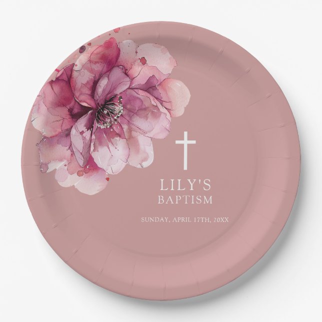 Plato De Papel Elegante acuarela Rosa Dusty Bautismo Floral (Anverso)