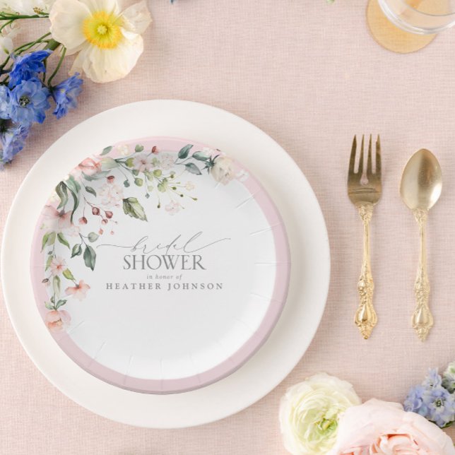 Plato De Papel Elegante acuarela rosa Floral Bridal Shower (Easily personalize this bridal shower paper plate for a beautiful event!)