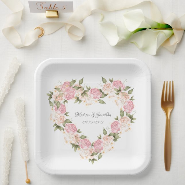 Plato De Papel Elegante acuarela rosa floral Nombres Boda Corazón (Boda)