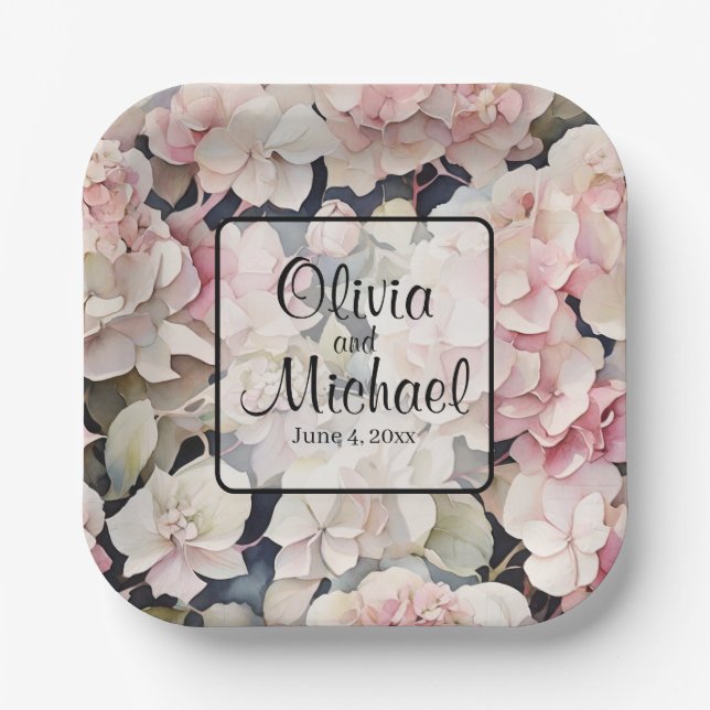 Plato De Papel Elegante acuarela rosa hidrangeas florales (Anverso)