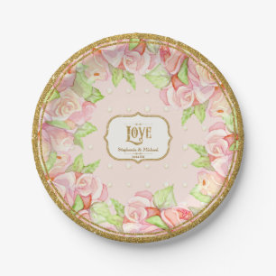 Plato De Papel Elegante acuarela Rose Bouquet Floral Oro rosa