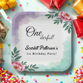 Plato De Papel Elegante acuarela rústica Floral Boho 1er cumpleañ