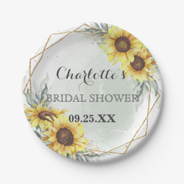 Plato De Papel Elegante acuarela Sunflower Greenery Bridal Shower (Anverso)