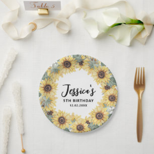 Plato De Papel Elegante acuarela Sunflower Wreath Frame Cumpleaño