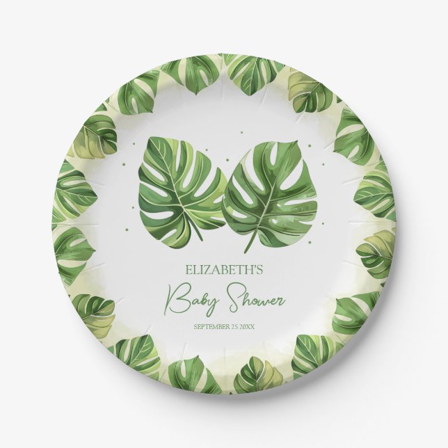 Plato De Papel Elegante acuarela Tropical Palm Baby Shower (Anverso)