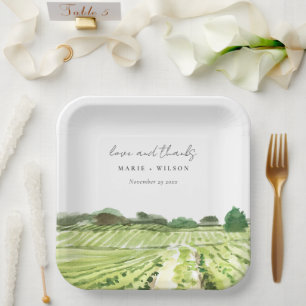 Plato De Papel Elegante acuarela Verde Boda de viñedos