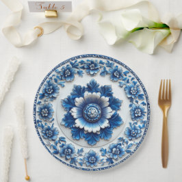 Plato De Papel Elegante alfarería floral azul inspirada